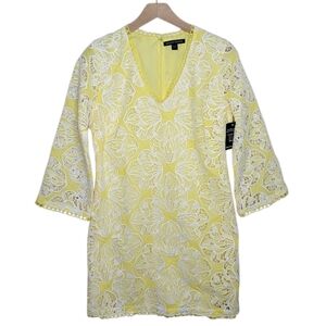 NWT Boston Proper Yellow White Lace 3/4 Sleeve V-Neck Dress Scallop Edge Size 12